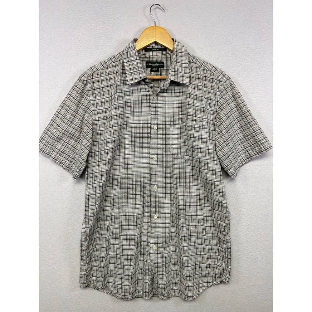 Gorpcore Outdoor Eddie Bauer Mens M Gray Plaid Short Sleeve Button Front Shirt